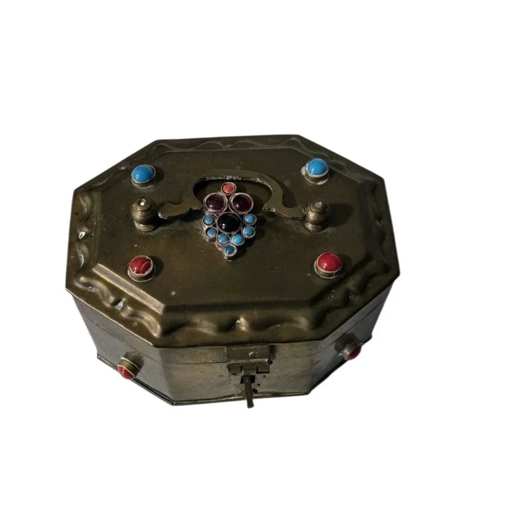 Vintage Brass Octagon Hinged‎ Trinket Box Inlayed Cabochons Patina Beads Handle